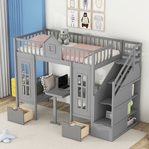 Twin Over Twin Convertible Loft Bed with Table and Benches, Playhouse Design, Solid Wood Frame, for Kids Bedroom - 1 of 4