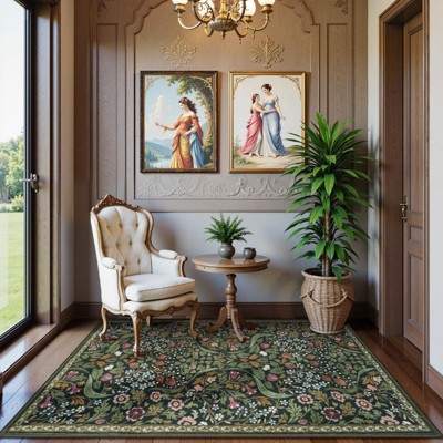Lahome 3 x 5 (ft) Dark Green GST Intricate Floral Abundance Short Pile Velvet Rectangular Indoor Area Rug