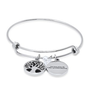 Steeltime Ladies stainless steel "The love of family.....", tree of life and heart shape crystal charm adjustable wire bangle - 1 of 4