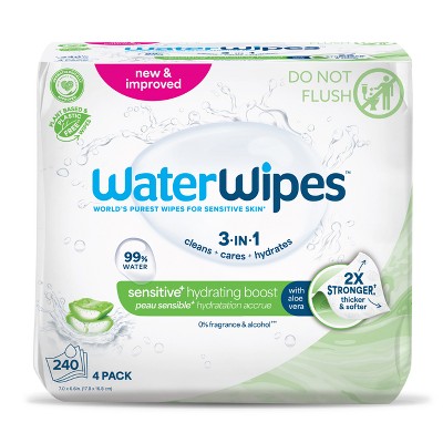WaterWipes Sensitive+ Hydrating Boost Wipes, 3-In-1 Cleans, 99% Water with Aloe Vera, Unscented & Hypoallergenic Baby Wipes - 240ct