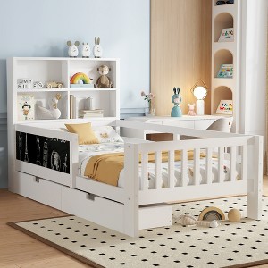 Bellemave Twin Platform Bed with Chalkboard,Solid Wood Platform Bed with Storage Drawers and Shelves,Childlike Fun and Space-saving Design,White - 1 of 4
