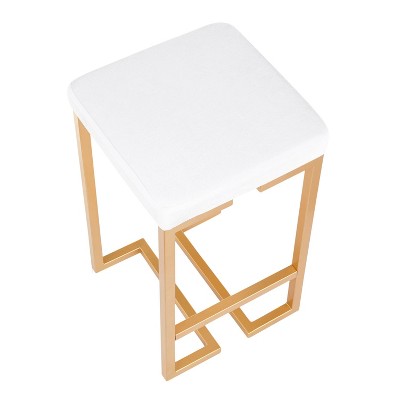 Set of 2 White Velvet and Gold Metal Counter Stools