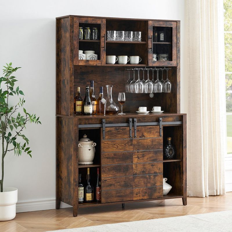 Whizmax Farmhouse Coffee Bar Cabinet with Sliding Barn Doors,Wine Cabinet with Wine&Glasses Rack,Tall Sideboard Buffet Cabinet for Kitchen,Dining Room, 3 of 8