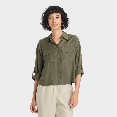 Women's Long Sleeve Button-Down Cropped Utility Shirt - A New Day™