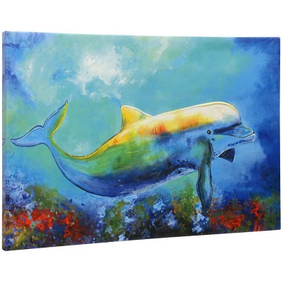 24" Textured Dolphin Hand Embellished Print Stretched Canvas Decorative Wall Art - StyleCraft