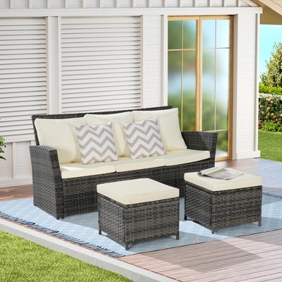 3-Piece Outdoor Cnversation Sofa Set with Two Ottoman, All-Weather PE Wicker Rattan