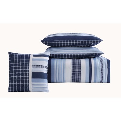 Blue Striped Twin Microfiber Reversible Comforter Set