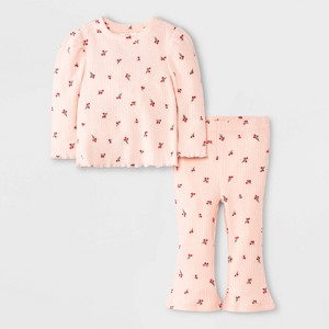 Baby Girls' 2pc Christmas Holiday Floral Ribbed Long Sleeve Holly and Legging Set - Cat & Jack™ Pink - 1 of 4