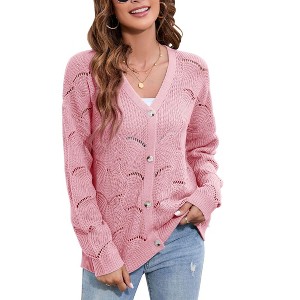 Coolmee Women's Lightweight Crochet Cardigan Casual V Neck Long Sleeve Button up Bolero Shrug Sweater - 1 of 4