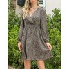 Leopard Print Shirred Waist Dress V Neck Long Sleeve Stretchy Figure-Flattering Dresses Gown - 2 of 4