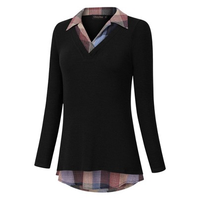 Clearlove Women's Long Sleeve V Neck Contrast Collar Shirt A-line Pleated Office Tunic