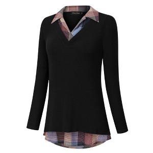 Clearlove Women's Long Sleeve V Neck Contrast Collar Shirt A-line Pleated Office Tunic - 1 of 4