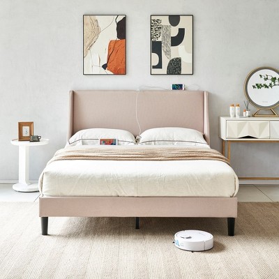 VECELO Upholstered Full/Queen Size Bed Frame with Headboard & Wingback, Platform Bed with USB & Type-C Ports
