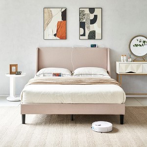 VECELO Upholstered Full/Queen Size Bed Frame with Headboard & Wingback, Platform Bed with USB & Type-C Ports - 1 of 4