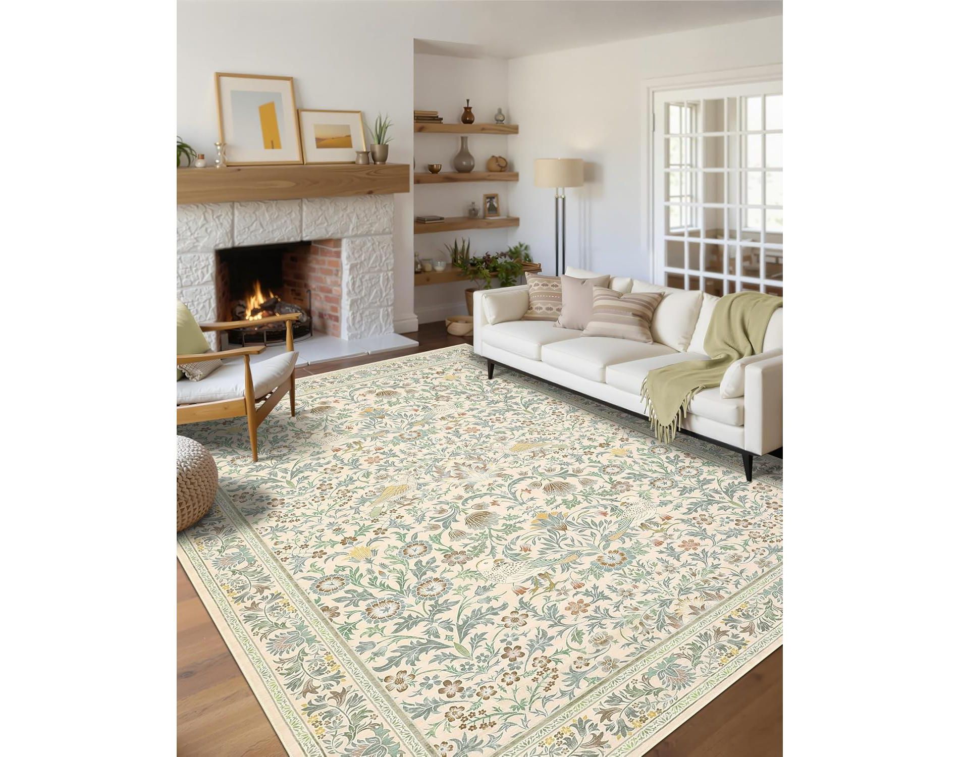 Floral Area Rug – Washable, Non-Slip, Soft, Low Pile for Living Room, Dining Room, Bedroom, Office