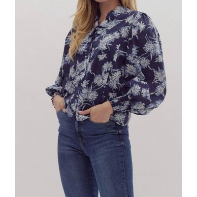 Women's Ruffled Neck Floral Top - entro