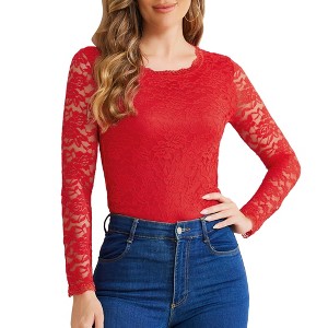 Allegra K Women's Slim Fit Sheer-Long-Sleeves Flower Embroidery Lace Top - 1 of 4