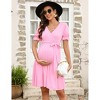 Women's Maternity Dress Puff Short Sleeves V Neck Dresses Casual High Waist A Line Solid Color Midi Dress with Belt - 2 of 4