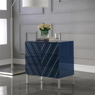 Navy Lacquer & Chrome Chevron Accent Table with Stainless Steel Base