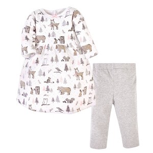 Hudson Baby Infant and Toddler Girl Quilted Cotton Long-Sleeve Dress and Leggings 2pc Set, Winter Forest, 6-9 Months - 1 of 2
