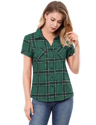INSPIRE CHIC Women's Classic Short Sleeve Button Down Plaid Shirt