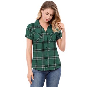 INSPIRE CHIC Women's Classic Short Sleeve Button Down Plaid Shirt - 1 of 4