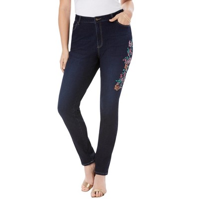 Roaman's Women's Plus Size Embellished Skinny Jean, 16 W - Gold Floral  Embellishment : Target