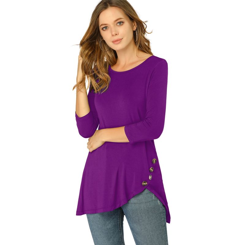 Allegra K Women's 3/4 Sleeve Round Neck Button Decor Casual Stretchy Tunic Tops, 1 of 8
