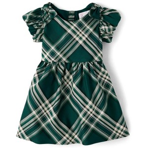 The Children's Place Baby Girls Matching Family Christmas Short Sleeve Plaid Satin Fit And Flare Dress - 1 of 4