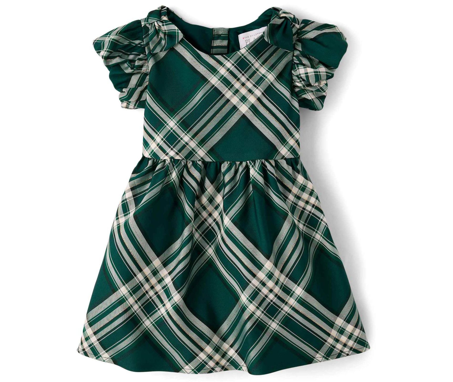 The Children's Place Baby Girls Matching Family Christmas Short Sleeve Plaid Satin Fit And Flare Dress