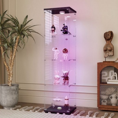 Syemin Decorative Storage Cabinets 4-Tier Display Cabinet, Tempered Glass Display Storage Cabinet, Curio Display Cabinet, Black, 15.67"*13.58"*64.69"