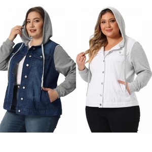 Agnes Orinda Women's Plus Size Layered Drawstring Hoodie Denim Jean Jackets - 1 of 4