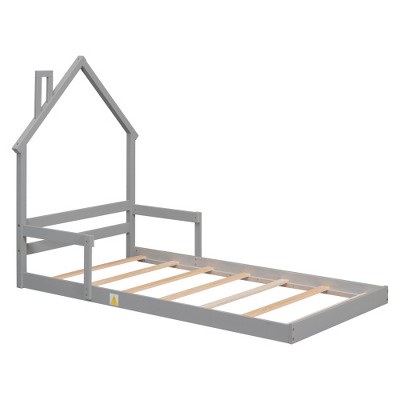 Full House-Shaped Headboard Floor Bed with Handrails ,slats