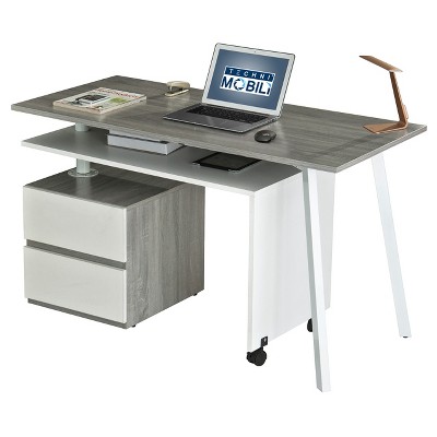 Grey and White Corner Computer Desk with Drawer and Keyboard Tray