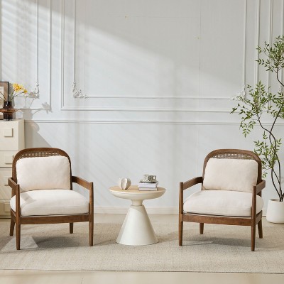 PAGED Modern Accent Chairs Set of 2, Wooden Arm Chair with Rattan Backrest and Cushion for Bedroom, Living Room Furniture