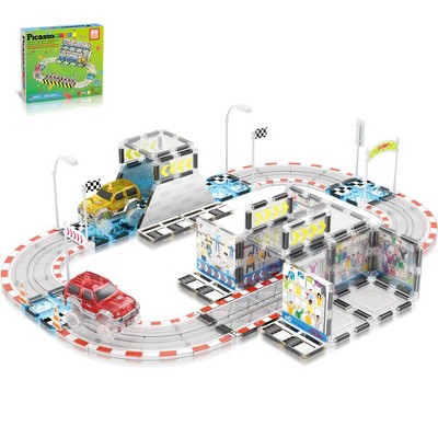 PICASSO-TILES 64 PC Race Car Track, Magnetic Tiles, Building Blocks, STEM Toys for Kids 3+