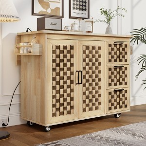 53.2" 3D Woven Checkerboard Pattern Kitchen Island on Wheels, with Drop Leaf, Internal Storage Rack, Power Outlet, 3 Drawers & 2 Cabinets - 1 of 4