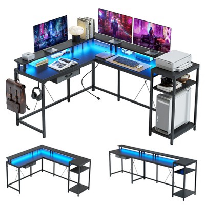 L Shaped Gaming Desk, 68" Computer Desk with File Drawer and Power Outlet