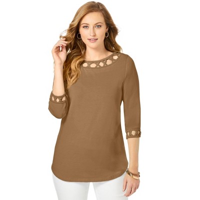 Jessica London Women's Plus Size Stretch Cotton Lattice Boatneck Tunic