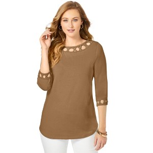 Jessica London Women's Plus Size Stretch Cotton Lattice Boatneck Tunic - 1 of 4