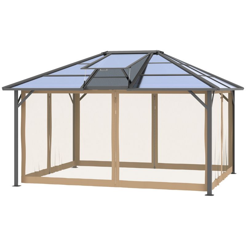 Outsunny Hardtop Polycarbonate Gazebo Canopy Aluminum Frame Pergola with Top Vent and Netting for Garden, Patio, Grey, 4 of 7