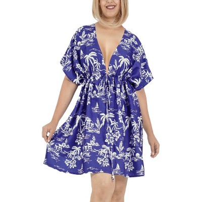 LA LEELA Women's Beach Cover Up Swim Beachwear Hawaiian XL-XXL Cobalt Leaves