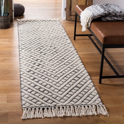 Handmade Ivory and Black Wool Geometric Runner Rug, 2'3" x 8'