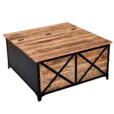 36" Rustic Mango Wood Trunk Storage Coffee Table with Hinged Top Brown/Black - The Urban Port