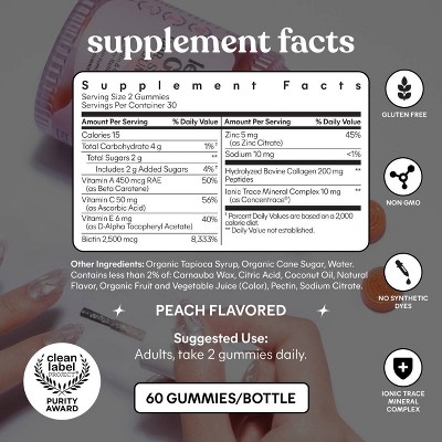 Lemme Glow Collagen Gummies - Hair, Skin & Nail Support - Biotin, Collagen, Trace Minerals & Vitamins - Peach Flavored - 60ct