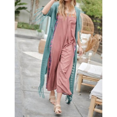 Women's Solid Long With Fringe Cardigan - DAVI & DANI
