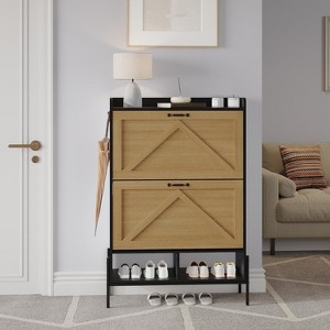 2-Drawer Shoe Cabinet, Slim Space-Saving Shoe Organizer with Hidden Storage, Wooden Entryway Shelf for Hallway, Freestanding Narrow Design - 1 of 4