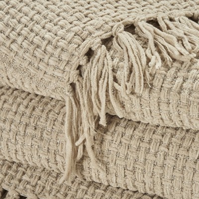 Beige Knitted Chenille Throw Blanket with Tassels 50" x 60"