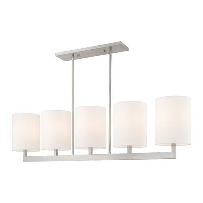 Contemporary Brushed Nickel 5-Light Linear Chandelier with Off-White Shades