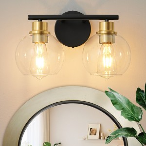 POWLIG 13.4-in 2-Light Black and Gold Modern Dimmable Bathroom Transitional Vanity Light with Transparent Glass Shade - 1 of 4